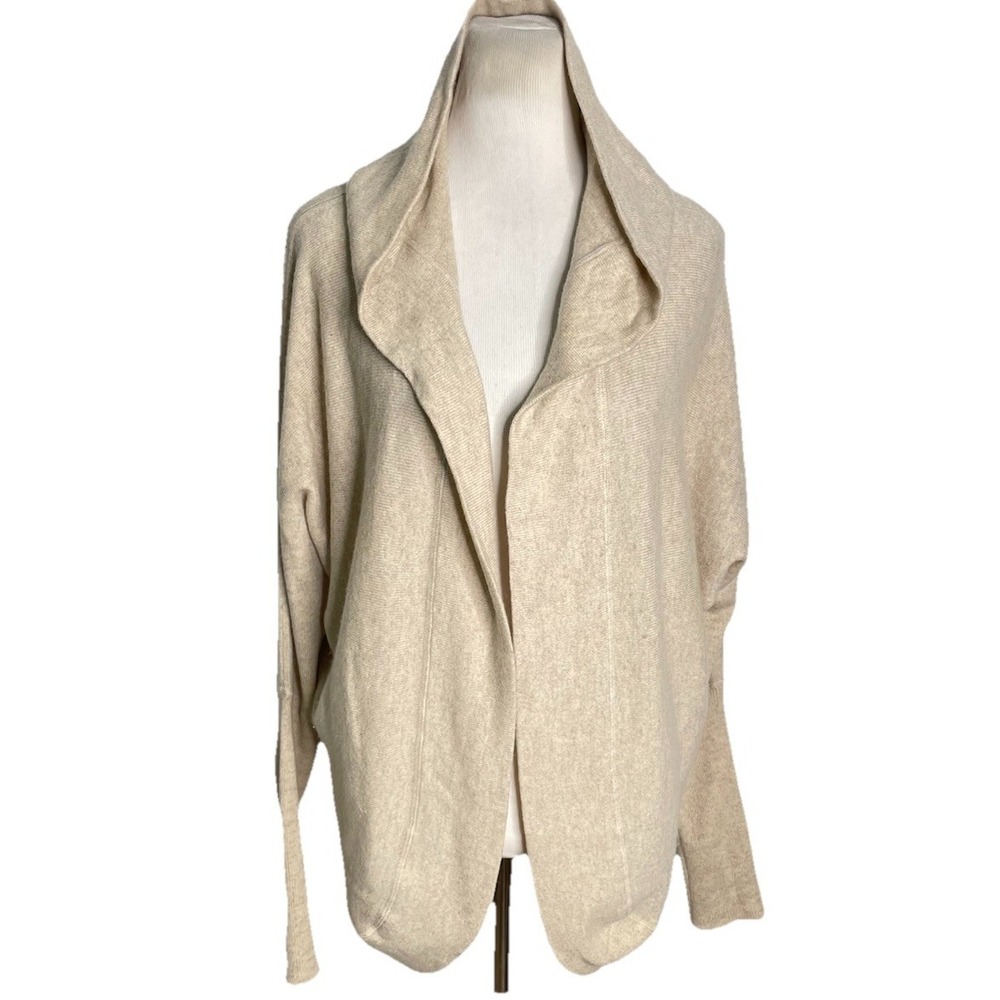 AQUA Cashmere Beige Open Front Hooded Cardigan Sweater Small‎